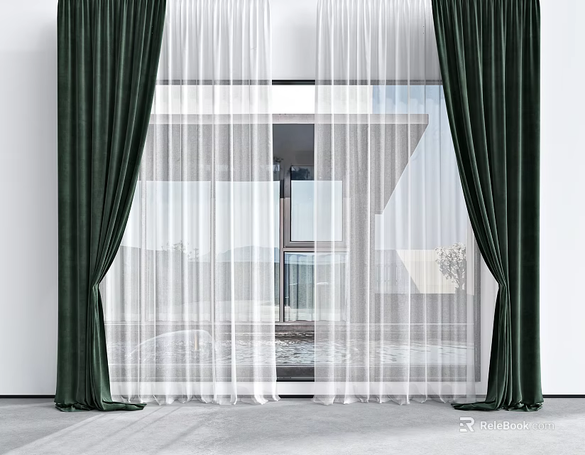 Modern Interior With Dark Green Curtains And White Sheers 3d model 
