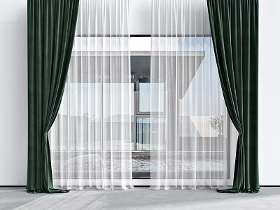 Modern Interior With Dark Green Curtains And White Sheers 3d model