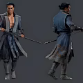 Game Movie Character In Wuxia Style Robe Holding Sword Front And Back Views