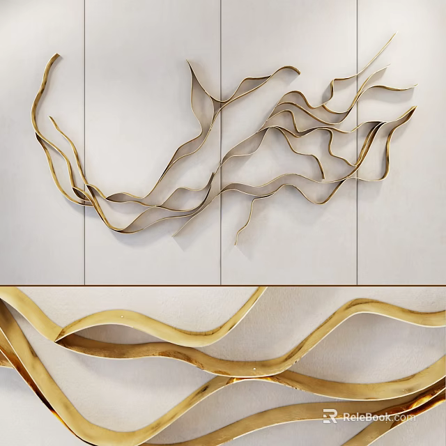 Elegant Gold Curved Metal Wall Decor Design For Modern White Interior Spaces 3d model 