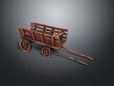 Vintage Wooden Cart With Spoked Wheels Wooden Planks And Long Shafts Design 3d model