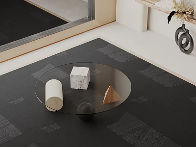 Modern Round Glass Coffee Table With Cylindrical Cube Triangular Decor Pieces 3d model