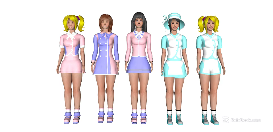 Multiple Cartoon Characters in Colorful Outfits with Various Hairstyles and Uniforms 3d model 