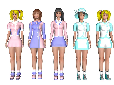 Multiple Cartoon Characters in Colorful Outfits with Various Hairstyles and Uniforms 3d model