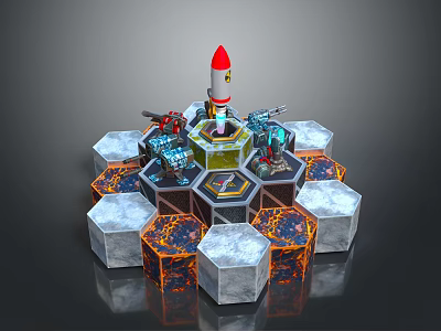 Futuristic Rocket Launch Platform With Hexagonal Base Ice And Lava Element Blocks 3d model