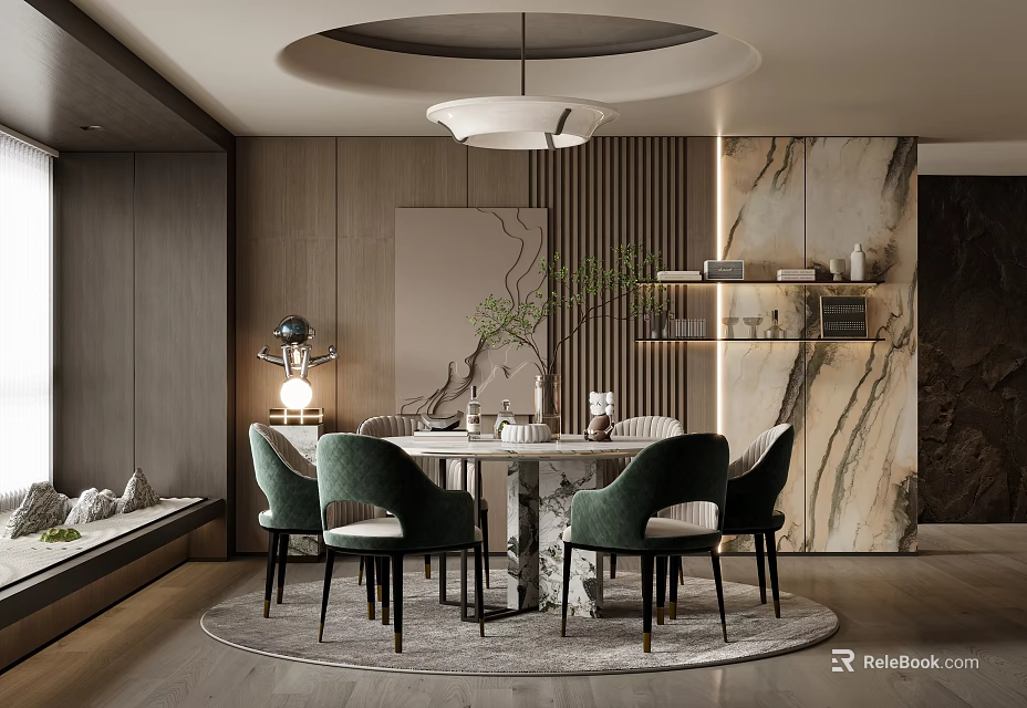 Modern Elegant Restaurant Interior Design With Round Table Green Chairs Marble Wall And Hanging Lamp 3d model 