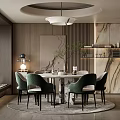 Modern Elegant Restaurant Interior Design With Round Table Green Chairs Marble Wall And Hanging Lamp
