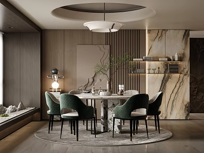 Modern Elegant Restaurant Interior Design With Round Table Green Chairs Marble Wall And Hanging Lamp 3d model