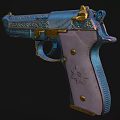 Ornate Blue And Gold Decorative Pistol With Intricate Patterns On Purple Grip