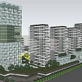 Modern High Rise Architectural Complex With Glass Curtain Walls Greenery And Connecting Structure