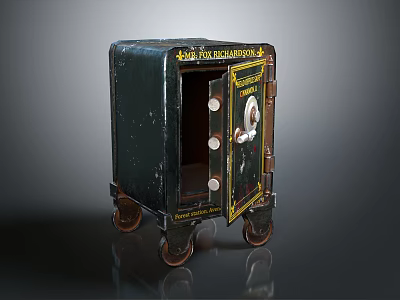 Vintage Green Metal Commercial Safe With Open Door Ornate Design And Wheels 3d model