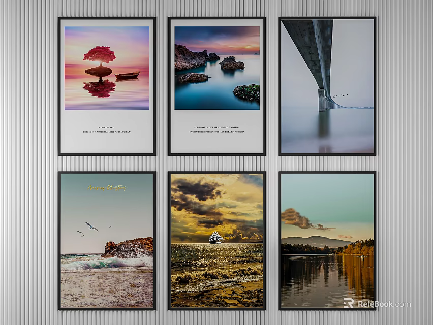 Multiple Landscape Paintings With Coastal Views Bridge Sunset And Ocean Waves 3d model