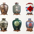 Traditional Ceramic Wine Jars With Wooden Bases And Decorative Dragon Patterns Chinese Characters