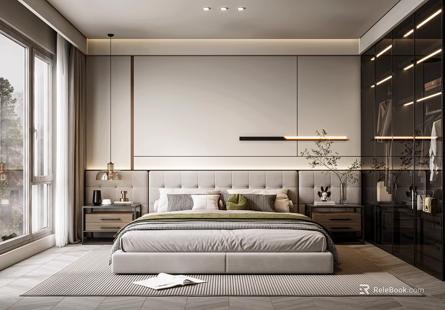 Modern Bedroom Interior Design With Large Bed Gray And Green Pillows Nightstands And Pendant Lights 3d model 