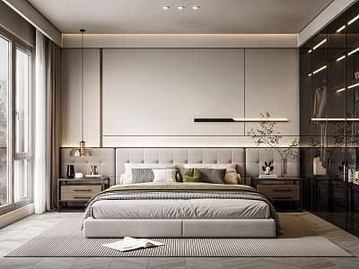Modern Bedroom Interior Design With Large Bed Gray And Green Pillows Nightstands And Pendant Lights 3d model