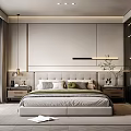 Modern Bedroom Interior Design With Large Bed Gray And Green Pillows Nightstands And Pendant Lights