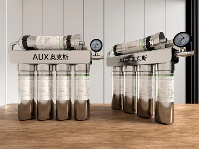 AUX Water Purifiers With Transparent Filter Cartridges And Pressure Gauges On Wooden Countertop 3d model