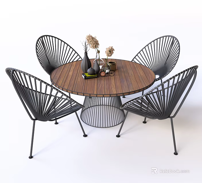 Round Wooden Table and Chair Set with Black Metal Woven Chairs and Decorative Vases 3d model 