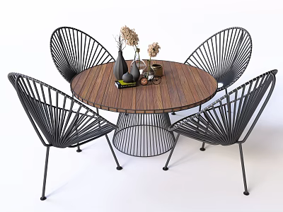 Round Wooden Table and Chair Set with Black Metal Woven Chairs and Decorative Vases 3d model