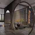 Elevator Hallway With Modern Design Metal Grille Marble Wall Warm Yellow Lighting And Green Plants