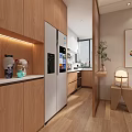 Modern Kitchen Interior With Wooden Cabinets White Upper Cabinets Double Door Refrigerator And Appliances