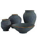 Handcrafted Dark Blue Ceramic Vessels With Rustic Orange Edges And Bowl 3d model