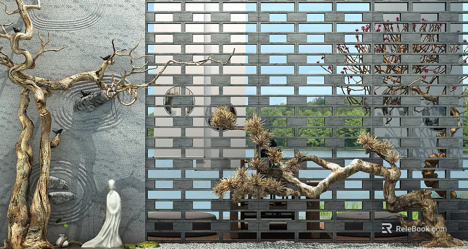 Elegant Garden Ornaments With Gray Lattice Wall Pine Branches White Statue And Greenery 3d model 