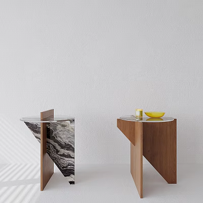 Modern Minimalist Side Tables Featuring Marble Glass And Wooden Structures With Yellow Fruit 3d model