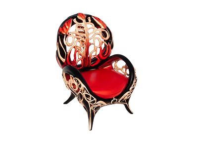 Single Sofa With Red Cushion Intricate Black Gold Hollow Modern Artistic Design 3d model
