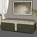 Green Velvet Sofa Bench With Patterned Top And White Curtains Near Geometric Wall Art