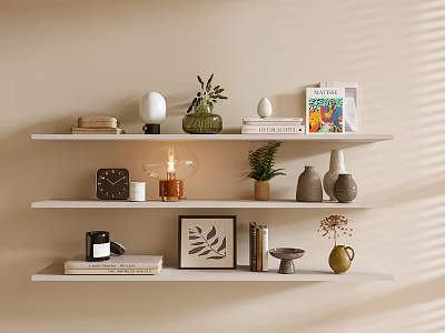 Elegant Decorative Ornaments Set on Three Shelves with Books Lamp Plants Candle and Clay Pots 3d model