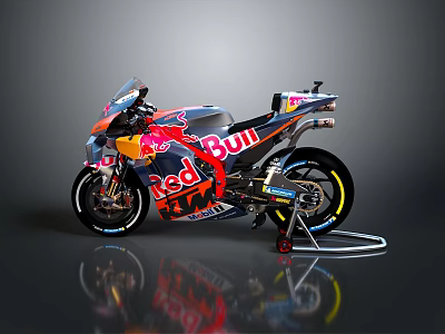 Red Bull KTM Racing Motorcycle On Stand With Red Blue Livery In Studio 3d model