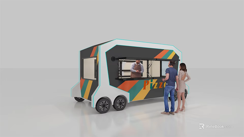 Stylish Modern Pizza Food Truck With Colorful Stripes And Customers Ordering 3d model 