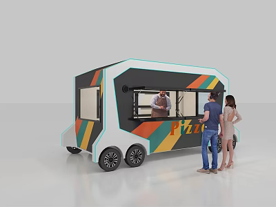 Stylish Modern Pizza Food Truck With Colorful Stripes And Customers Ordering 3d model