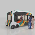 Stylish Modern Pizza Food Truck With Colorful Stripes And Customers Ordering