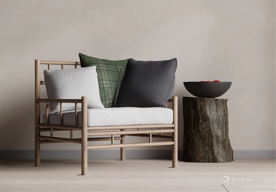 Natural Wooden Frame Leisure Chair With Plaid And Solid Cushions And Tree Stump Side Table 3d model 