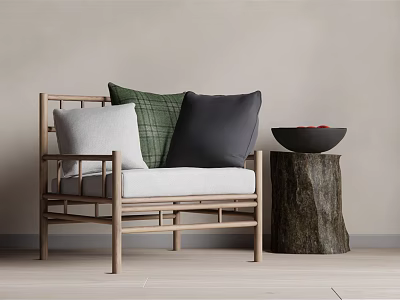 Natural Wooden Frame Leisure Chair With Plaid And Solid Cushions And Tree Stump Side Table 3d model