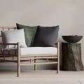 Natural Wooden Frame Leisure Chair With Plaid And Solid Cushions And Tree Stump Side Table
