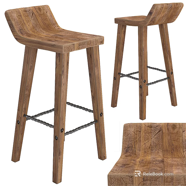Modern Wooden Bar Stools With Curved Seat And Crossed Metal Support Legs 3d model 