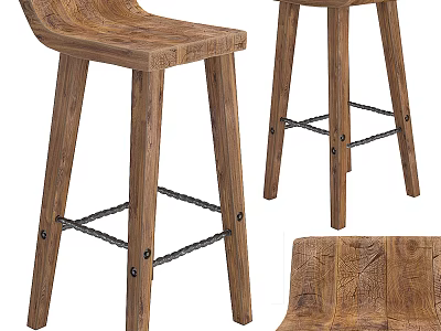 Modern Wooden Bar Stools With Curved Seat And Crossed Metal Support Legs 3d model