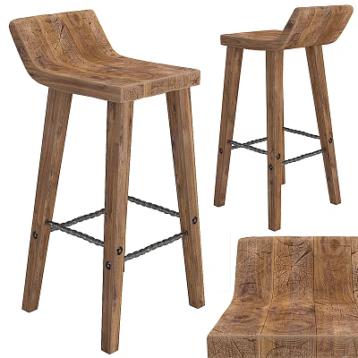 Modern Wooden Bar Stools With Curved Seat And Crossed Metal Support Legs 3d model