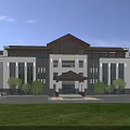 Office Building Exterior With Traditional Roof Large Glass Windows Light-colored Facade And Lawn Frontyard