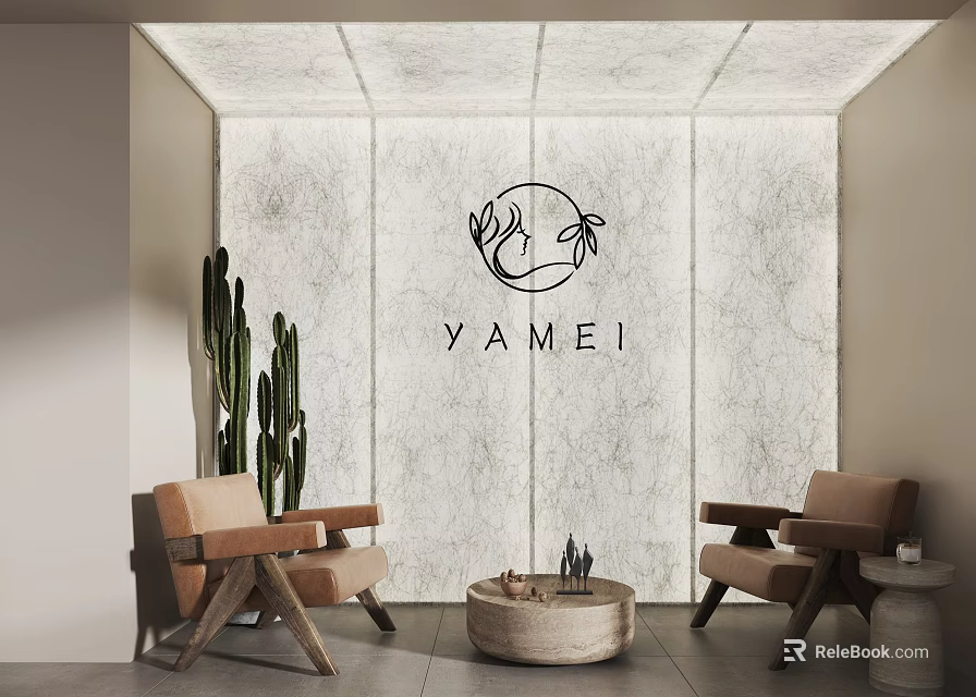 Casual Lounge Area Featuring Armchairs Round Coffee Table Marble Wall YAMEI Logo And Cactus 3d model 
