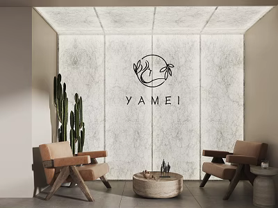 Casual Lounge Area Featuring Armchairs Round Coffee Table Marble Wall YAMEI Logo And Cactus 3d model