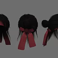 White and Black Wigs Displayed on Red Stands with Long Hair Strands
