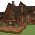 Rustic Log Cabin Detached Villa With Dark Roof Steps Water Feature And Fence
