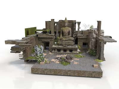 Modern Ancient Ruins Courtyard With Buddha Statue Stone Structures And Green Plants 3d model