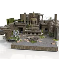 Modern Ancient Ruins Courtyard With Buddha Statue Stone Structures And Green Plants