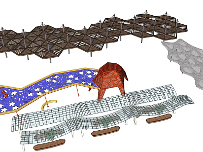 Pergola Structure With Grid Design And Star Patterned Floor For Outdoor Path 3d model