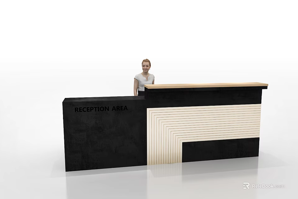Black And Light Wood Striped Reception Desk With Receptionist Standing In Reception Area 3d model 